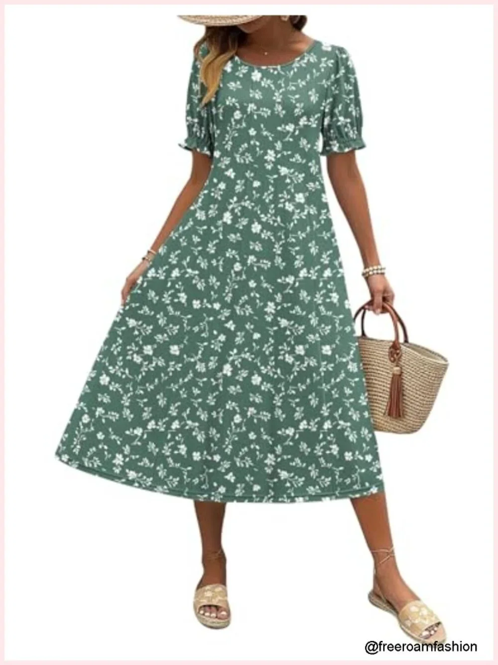 Midi Dress with Puff Sleeves, Pleated Flowy Sundress with Pockets